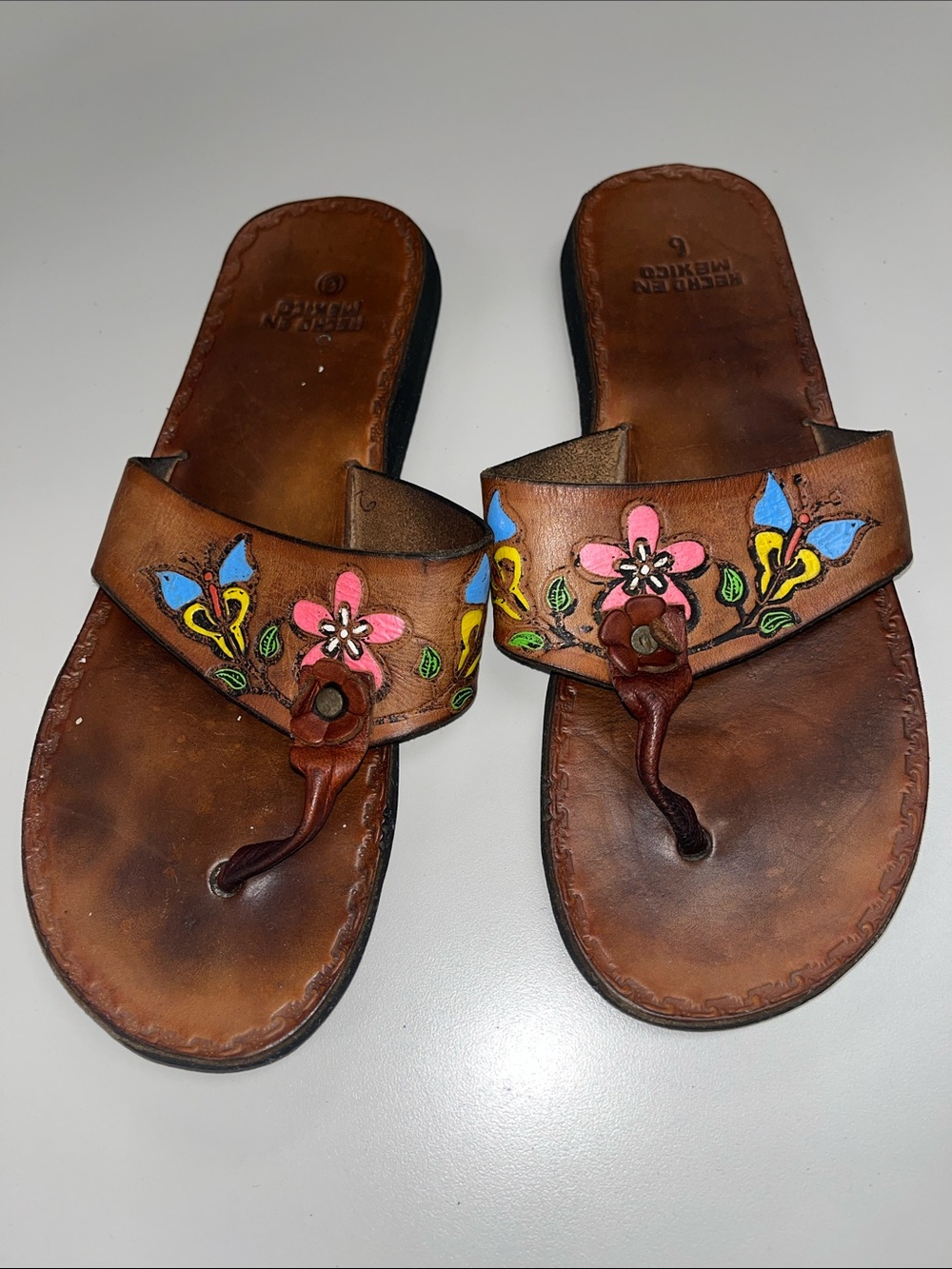 Brown Hand-Painted Floral Leather Thong Sandals - Women size 9
